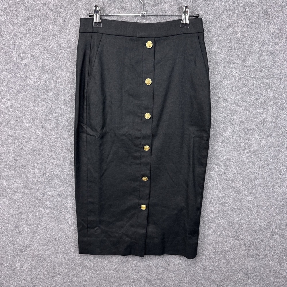 J.Crew Pencil Skirt BG550 Size 00 Black Linen Blend Gold Crest Button Front